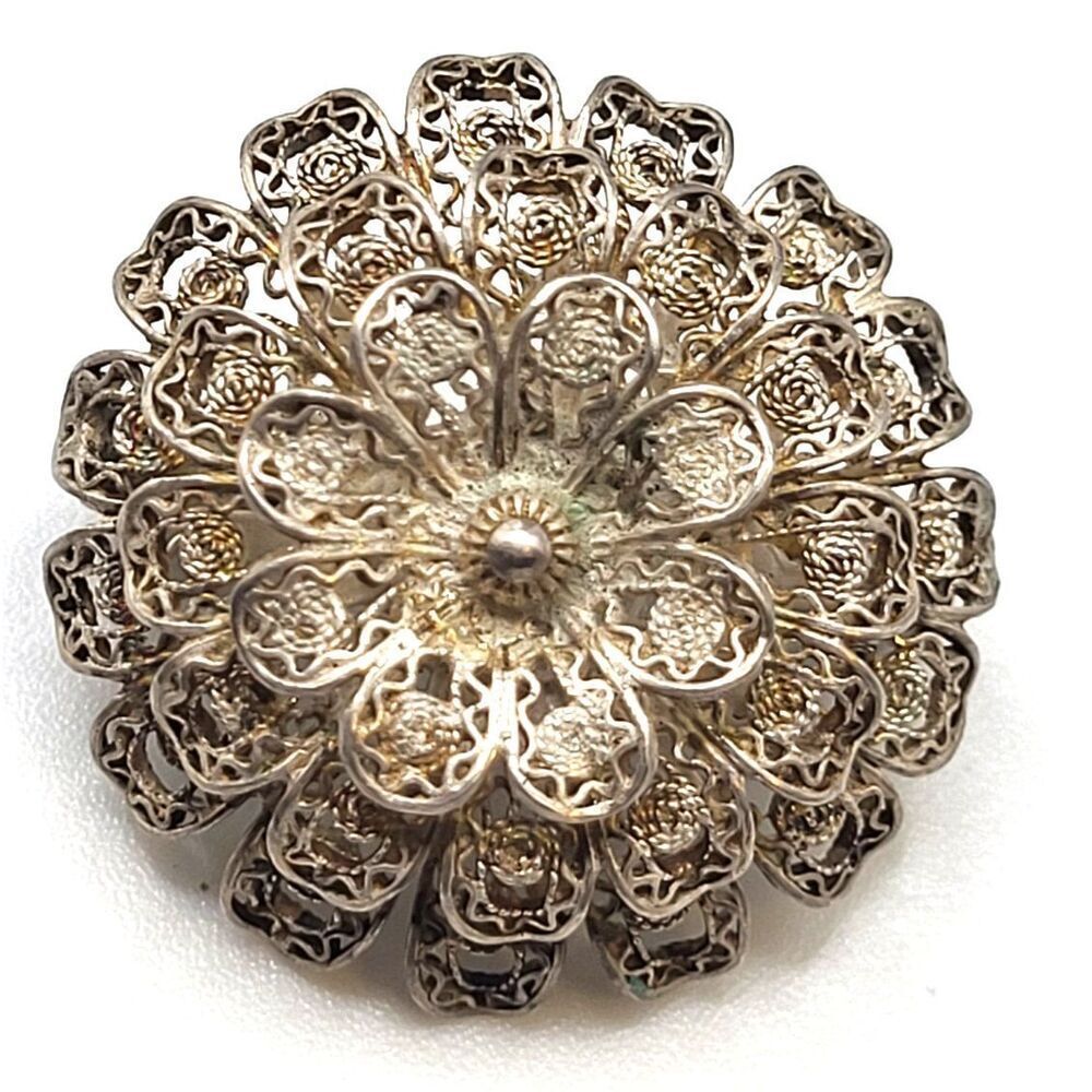 Antique Vintage Sterling Silver Floral Filigree Brooch 1in